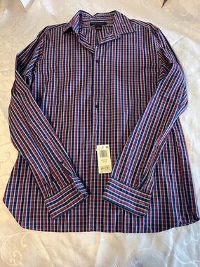 Bloomingdale’s Men's Plaid Button-Up Shirt - Navy, Red & White